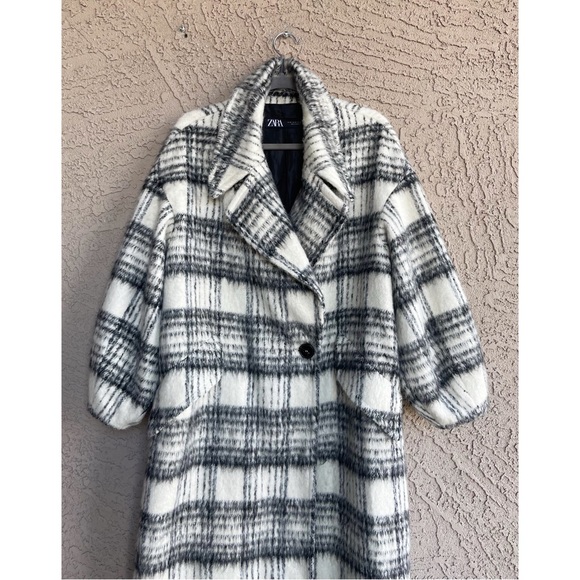 ZARA Black & White Plaid Brushed Wool Oversized Long Wool Coat - Picture 12 of 14